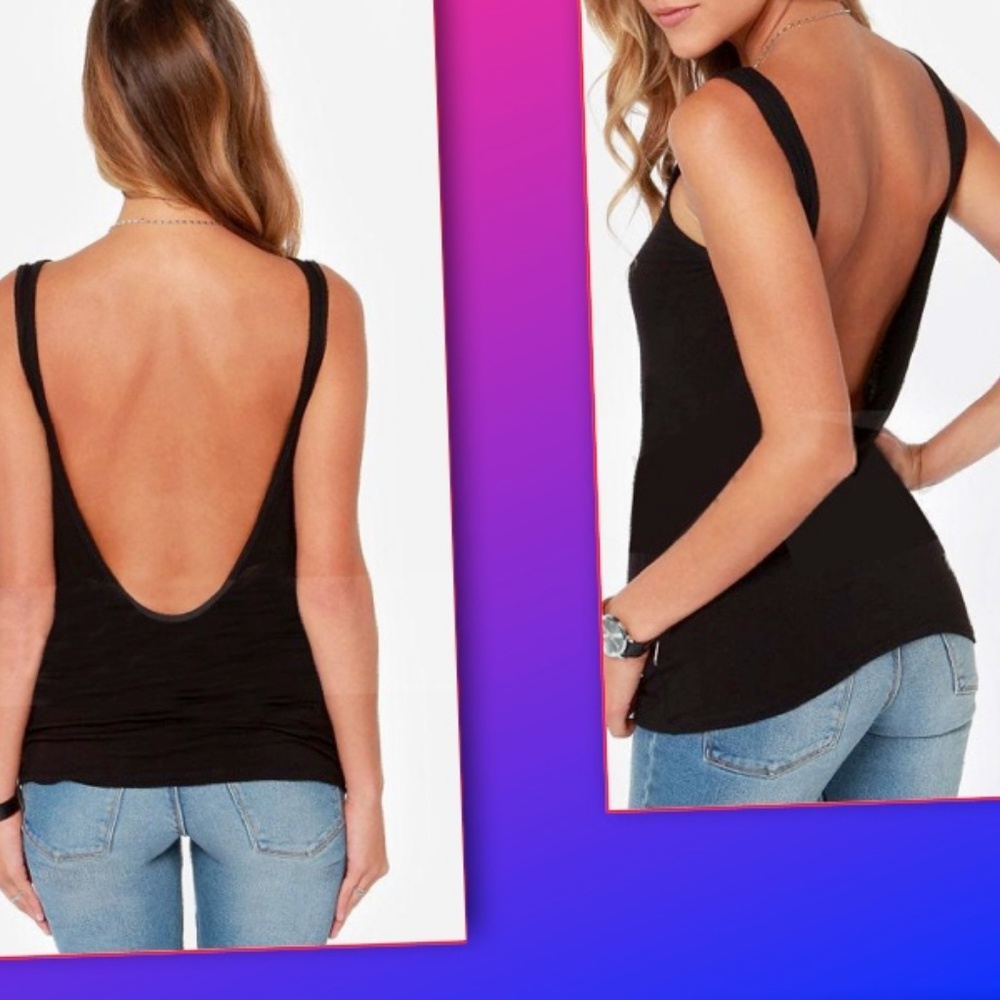 Black Deep V Back Tank Top | Open Back Casual Sleeveless Top | Soft Stretch - Picture 3 of 7